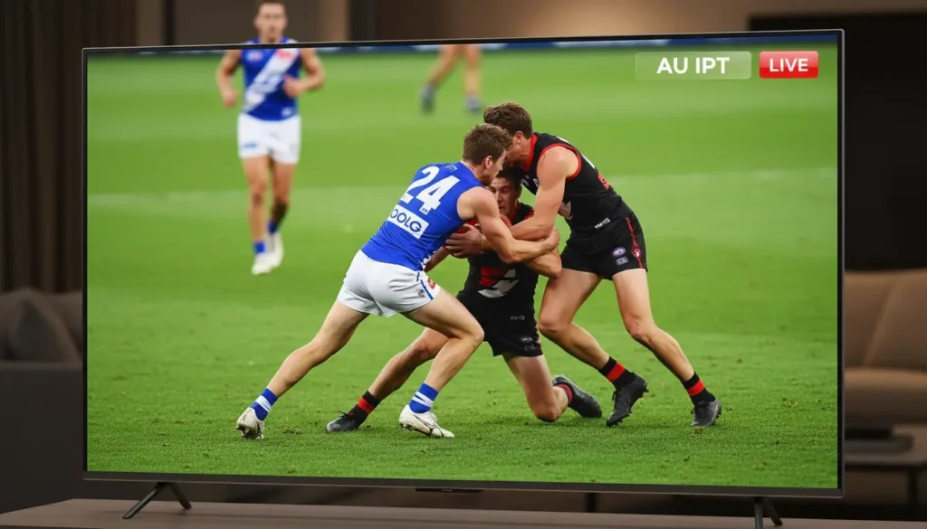 A live AFL footy match streamed with low latency using a reliable AU IPTV service on a large television screen.