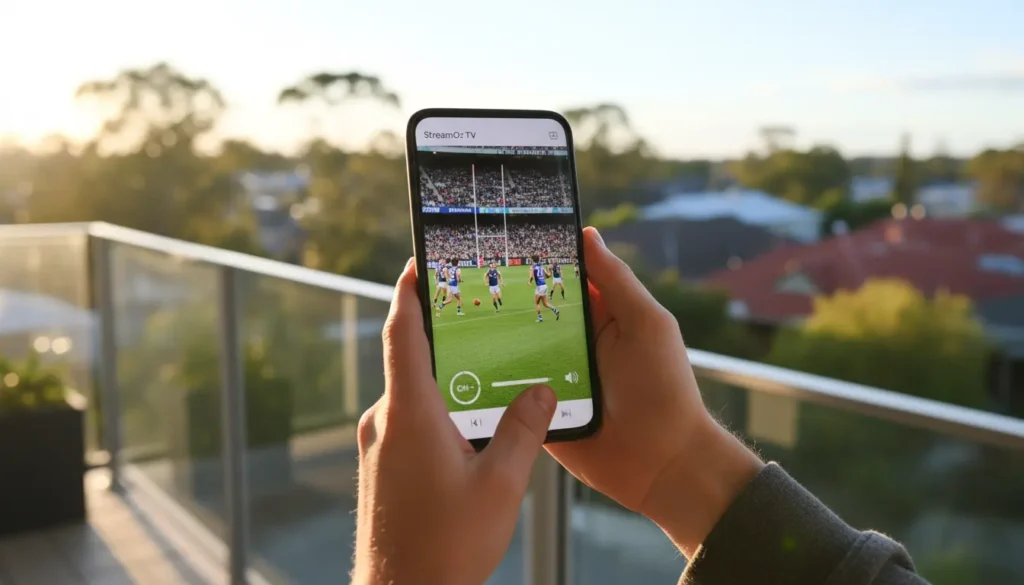 A user holding a smartphone running a dedicated IPTV App for Android to watch live TV in Australia.