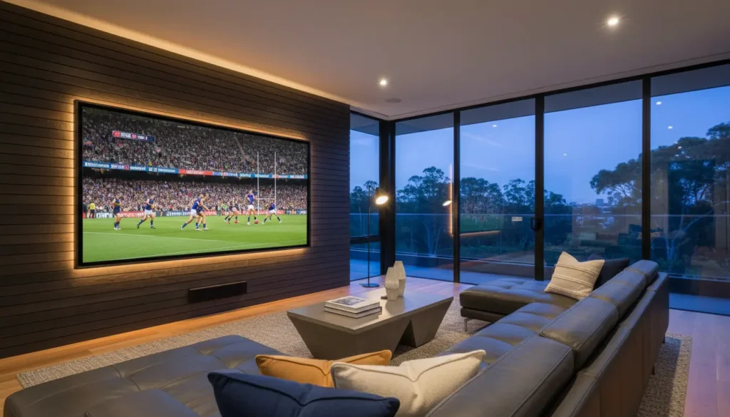 Modern Australian living room with 8K Smart TV streaming high-definition iptv australia reddit live sports