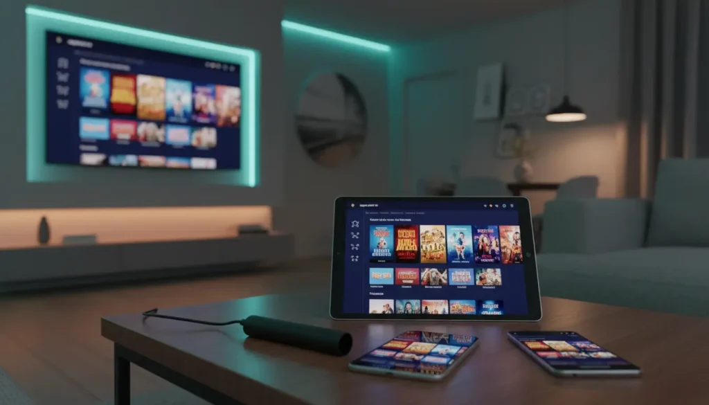 Multiple devices including Smart TV, tablet, and smartphone streaming IPTV content simultaneously AS IT IS THE BEST IPTV SERVICE with 8K strong IPTV